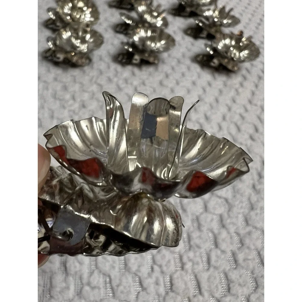 Vtg Silver Tin Christmas Tree Candle Clips Holder‎ Granny MCM Holiday Ornament